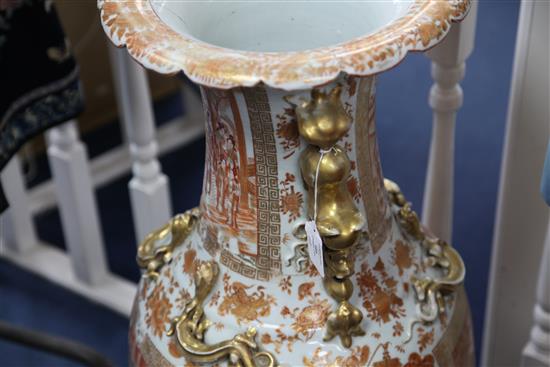 A large Chinese Canton-decorated coral red and gilt decorated vase, 19th century, 89cm, damaged